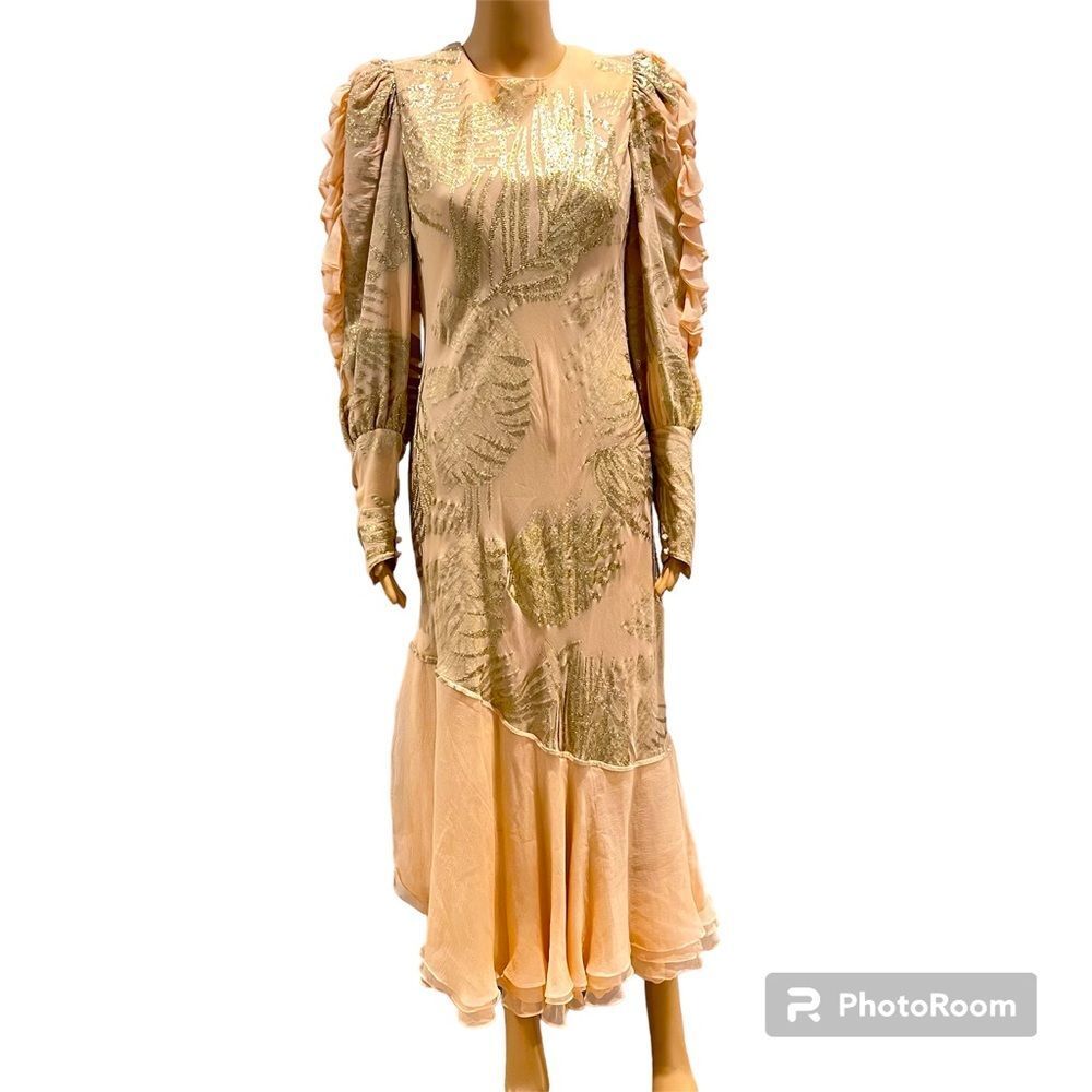 Judy Hornby Couture 1980s Ruffled 100% Silk Peach Dress Bias Cut Vintage Sz 14